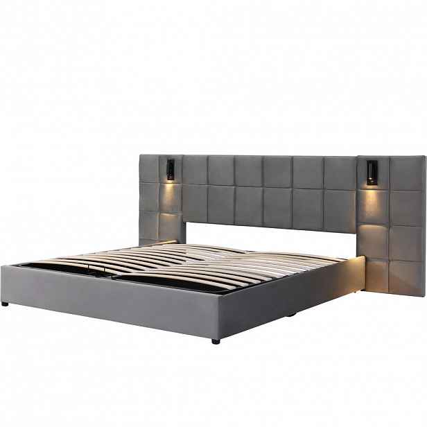 CHICFURN ČALOUNĚNÁ POSTEL 180/200 cm v šedé barvě s úložným prostorem, lampičkou a USB