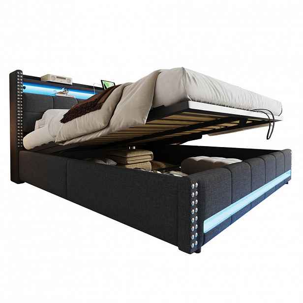 Redom ČALOUNĚNÁ postel 180/200 cm s LED osvětlením, USB portem a hydraulickým úložným prostorem, Šedá