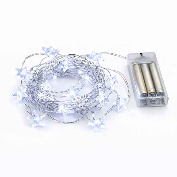 LED světýlka na baterie, hvězdičky, 2,3 m, ledově bílá, 20 diod, drátek, IP20 interiér, 3 × AA