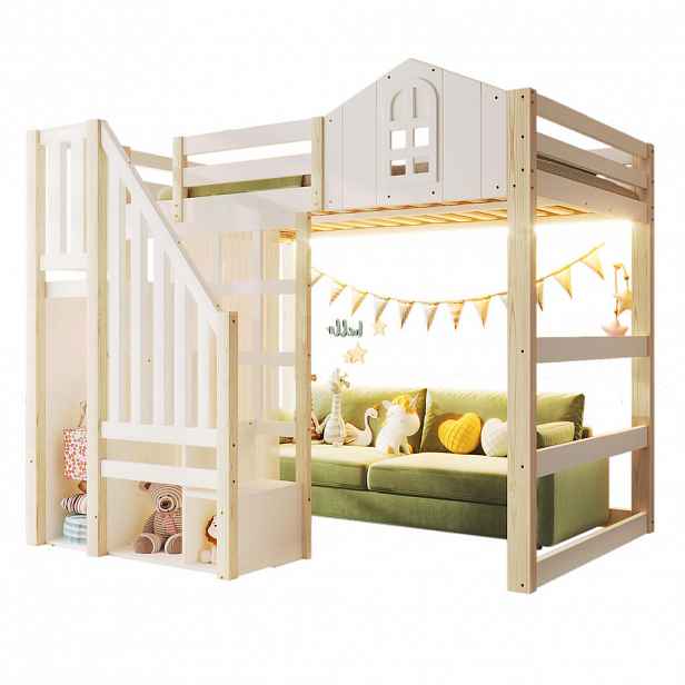 CHICFURN VYVÝŠENÁ POSTEL 140/200 cm v bílé a přírodní barvě s LED osvětlením a úložným žebříkem