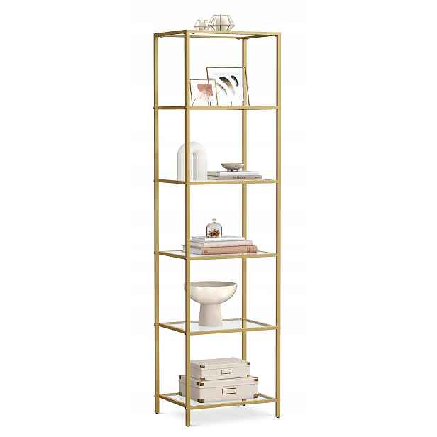 Pevný vysoký skleněný koupelnový regál, komoda se zlatým rámem, sloupek 177,3 cm
