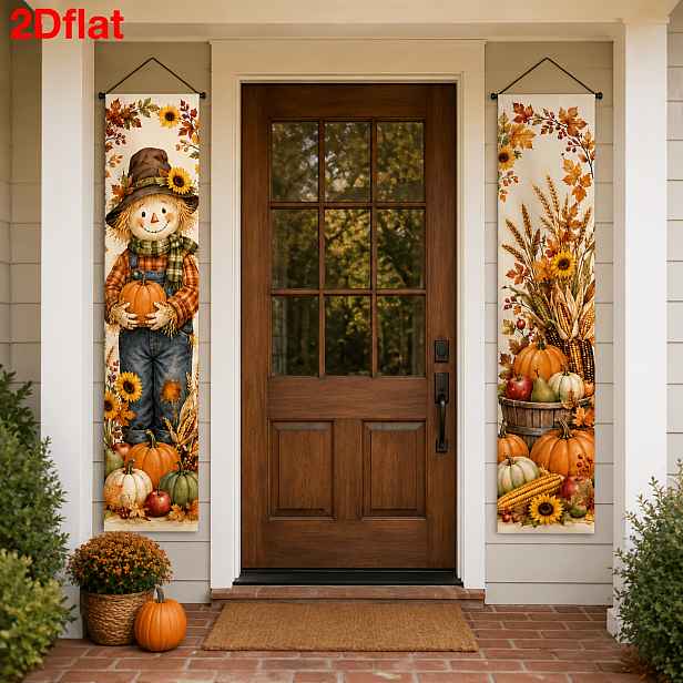 TEMU 2D banner na dveře 2 ks Banner Podzimní úroda Banner na dveře Strašák Slunečnice Dýně Pšenice Kukuřice Polyester Závěsný banner na verandu