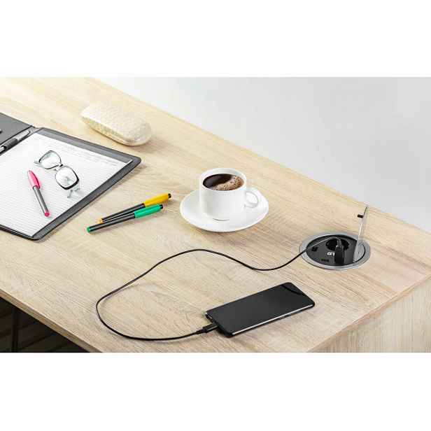 Prodlužovací kabel zapuštěná stolní zásuvka Charger 1x230V Usb 5V/2A stříbrná