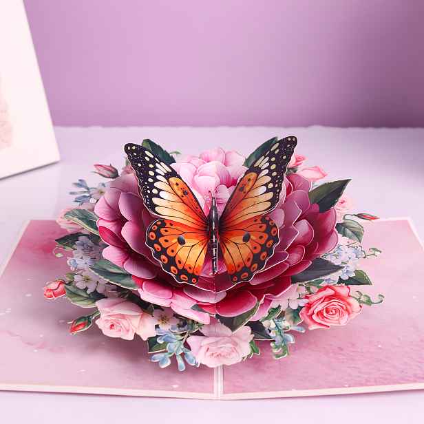 TEMU 1ks Elegantní 3D Pop-Up Hydrangea & Floral Card s růžovými a oranžovými doplňky - Ručně vyráběná papírová pozdravná karta na Den , narozeniny,