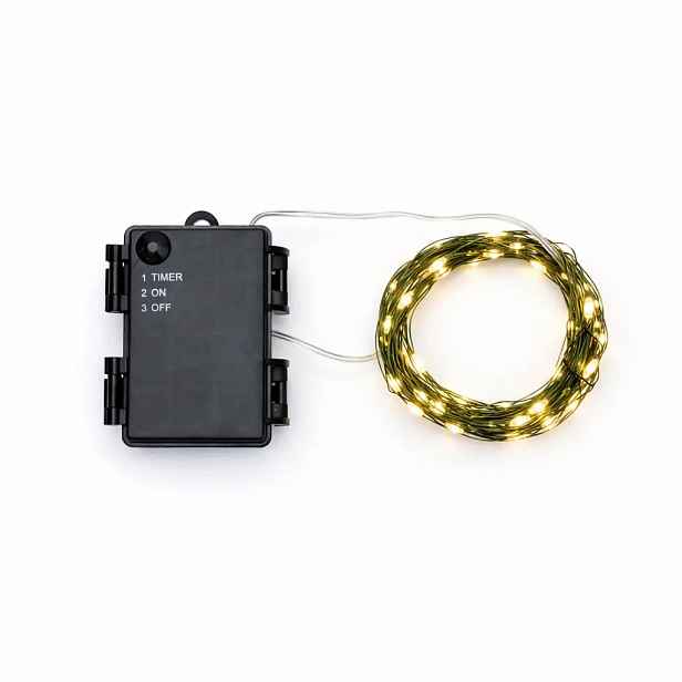 LED světýlka na baterie, kapičky, 5,3 m, teple bílá, 50 diod, zelený drátek, IP44, venkovní, 3 × AA