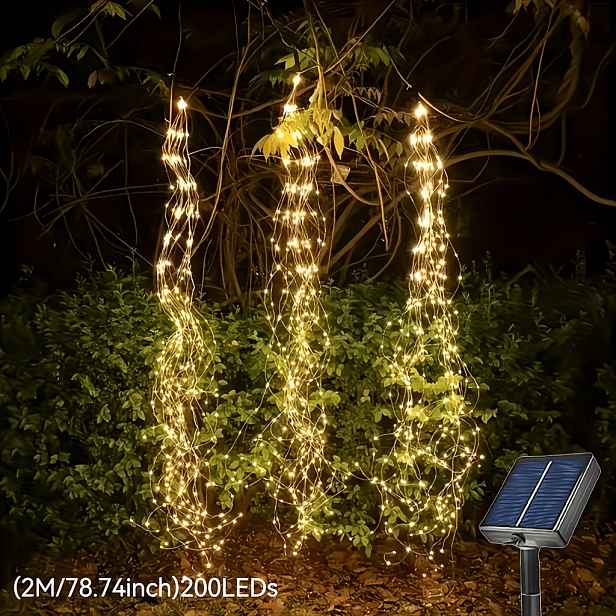 TEMU Nová solární lithiová baterie, zahradní vodopádová lampa, venkovní světlo Ponytail, 8 režimů blikání, 100/200 ks LED diod, měkké řetězové světlo