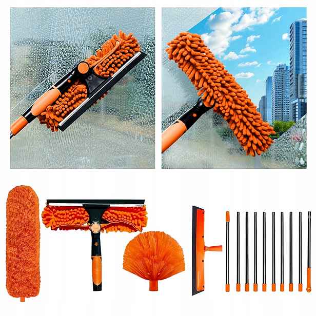 Teleskopický Mop Se 4 Čisticími Hlavicemi Pro Vysoké Stropy, Oranžový