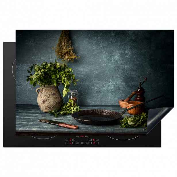 MuchoWow KRYT NA INDUKČNÍ DESKU Bylinky - Koření - Pánev - Nůž - Šedý - Rustikální 76x51.5 cm