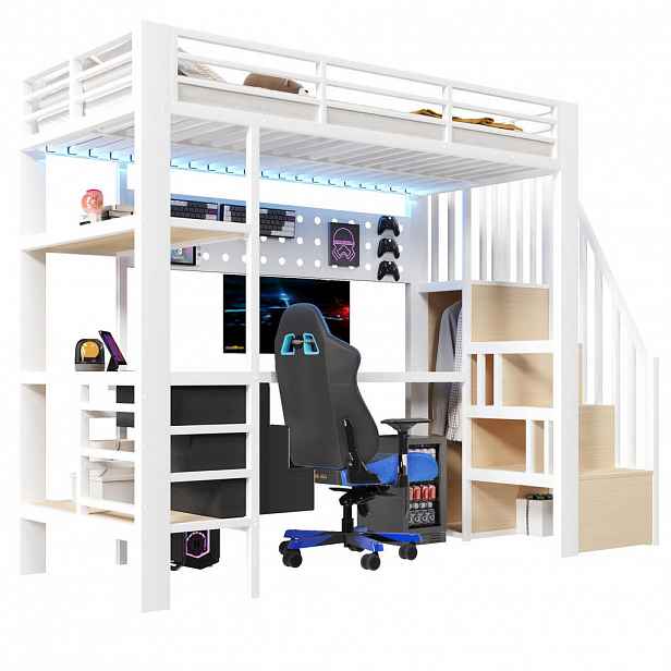 Redom VYSOKÁ postel 90/200 cm s pracovním stolem, zásuvkami, policí, pegboardem, zásuvkou a LED osvětlením, Bílá