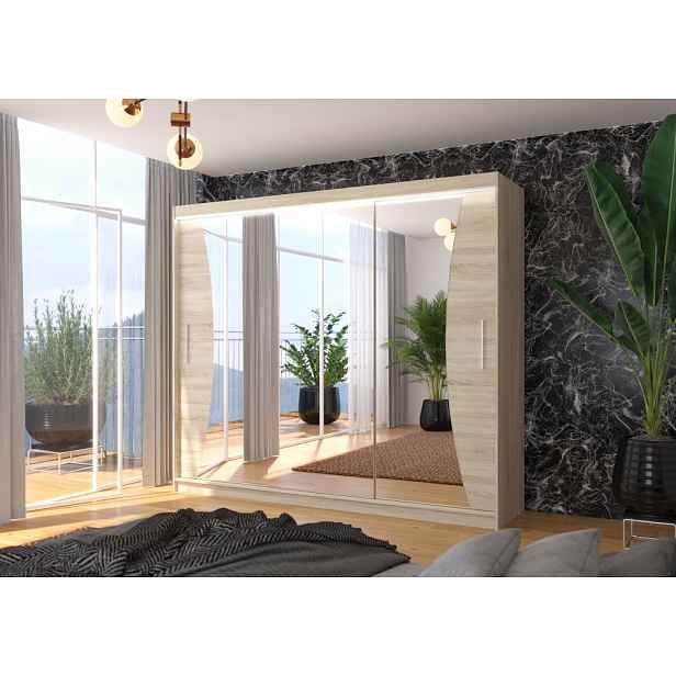 Velká skříň se zrcadlem a LED osvětlením 250 cm CANLIA - dub sonoma