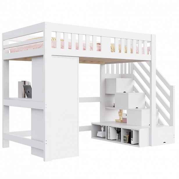 CHICFURN VYVÝŠENÁ POSTEL 140/200 cm v bílé barvě se schody, stolem, LED a úložným prostorem