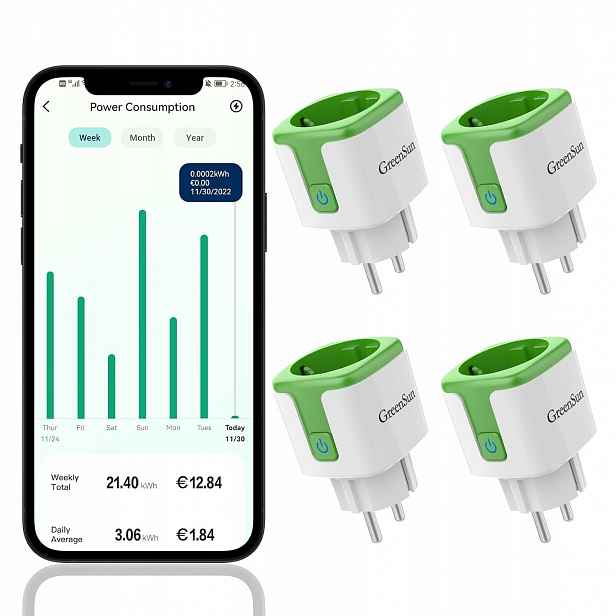 Greensun Smart Plug Wlan zástrčka pro smarthome měřič spotřeby proudu 4 ks