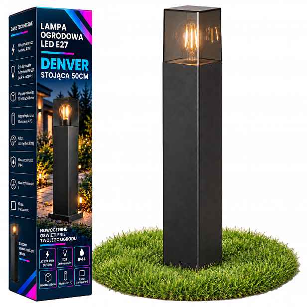 Stojací zahradní lampa s venkovním sloupkem E27 50 cm, čtvercová, černá, vyp2