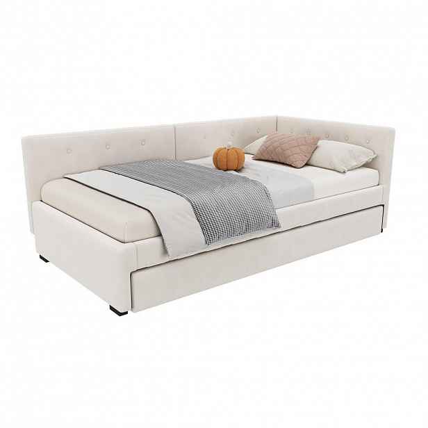 CHICFURN ČALOUNĚNÁ POSTEL 90/200 cm v béžové barvě s výsuvným lůžkem ze sametu