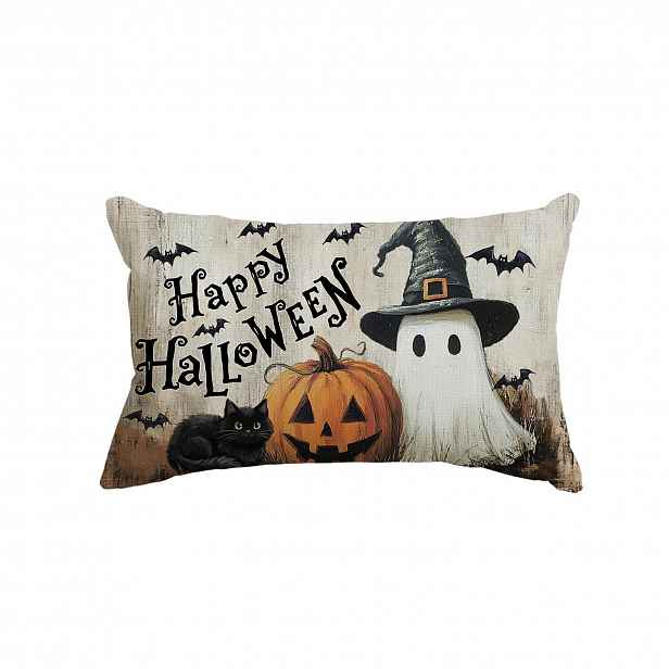 Halloweenský Povlak Na Polštář 30X50 CM Kočka Dýně Duch Netopýři Béžová Polyester