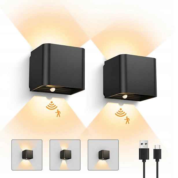 2x Led Nástěnné Svítidlo S Pohybovým Senzorem Venkovní Bezdrátová Lampa Černá