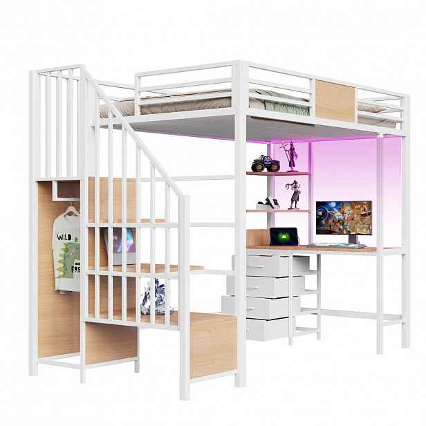 CHICFURN VYVÝŠENÁ POSTEL 90/200 cm v bílé barvě s psacím stolem, LED osvětlením a zásuvkou