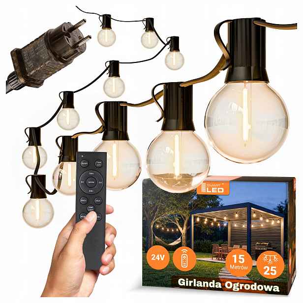Zahradní světelná girlanda 15M 25X Led žárovka E12 Ovladač Stmívatelná Řetěz