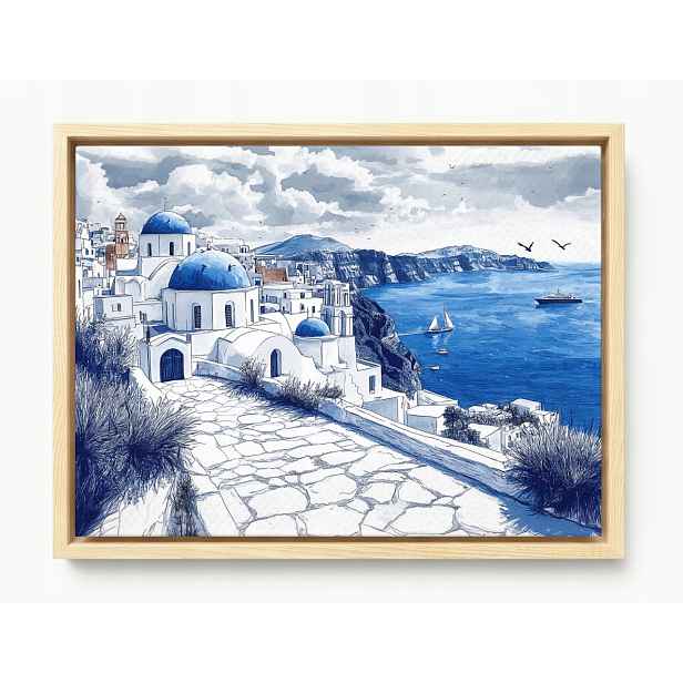 Obraz Rám Americký Box Řecko Santorini Moře Kostel Modrý 80x60