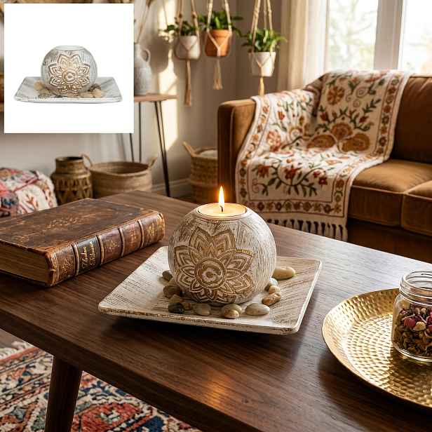 TEMU Boho Mandala Květinový Svícník, Svícen na Tealight s Efektem Opraného Dřeva, Dekorativní Stolní Svícník do Obývacího Pokoje, Ložnice Útulnou