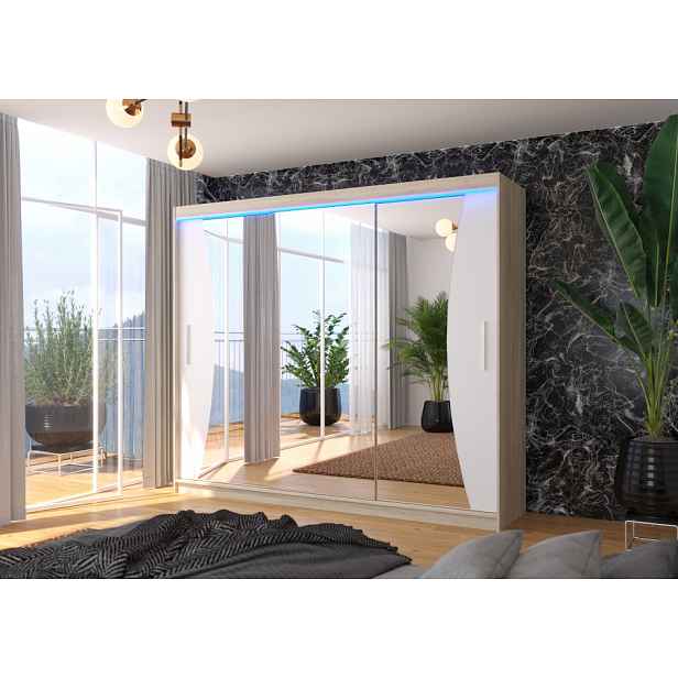 Velká skříň se zrcadlem a LED osvětlením 250 cm CANLIA - dub sonoma / bílá