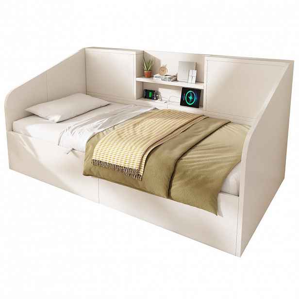 CHICFURN POSTEL 90/190 cm v bílé barvě s úložným prostorem, USB a Type-C