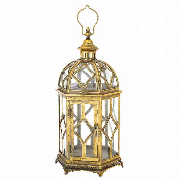 Lampion zlatý retro vysoký Lucerna kovová zlatá sklo dekorace