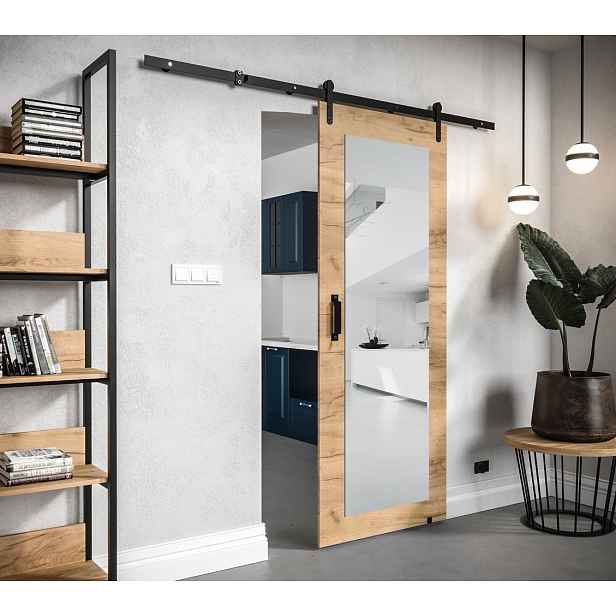 Posuvné dveře s kováním a zrcadlem LEONTINA 2 - 90 cm, dub craft