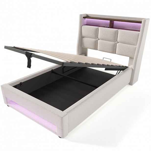 CHICFURN ČALOUNĚNÁ POSTEL 90/200 cm ve světle béžové barvě s matrací, LED a USB