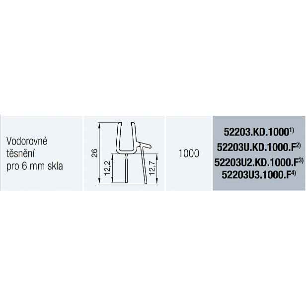 SanSwiss CADURA, TOP-LINE S, TOP-LINE, ANNEA, SOLINO Vodorovné těsnění pro 6mm sklo, ks 52203.KD.1000