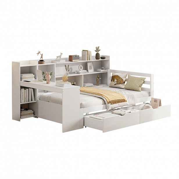 CHICFURN MULTIFUNKČNÍ POSTEL 90/200 cm v bílé barvě s psacím stolem, policemi, zásuvkami a USB