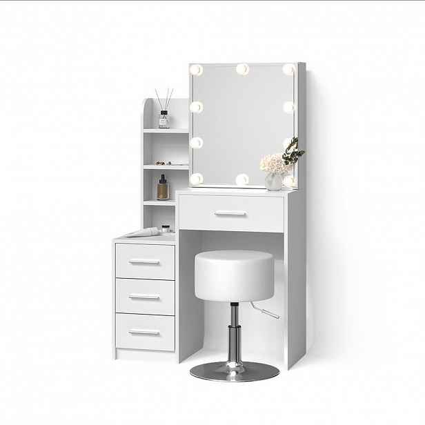 Livinity® TOALETNÍ STOLEK Loreta Bílá s LED osvětlením a taburetem