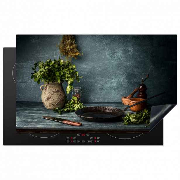 MuchoWow KRYT NA INDUKČNÍ DESKU Bylinky - Koření - Pánev - Nůž - Šedý - Rustikální 85x52 cm