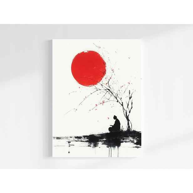 Obraz Na Plátně Obraz Na Plátně Grafika Asie Japonsko Měsíc Strom Samuraj 60x80