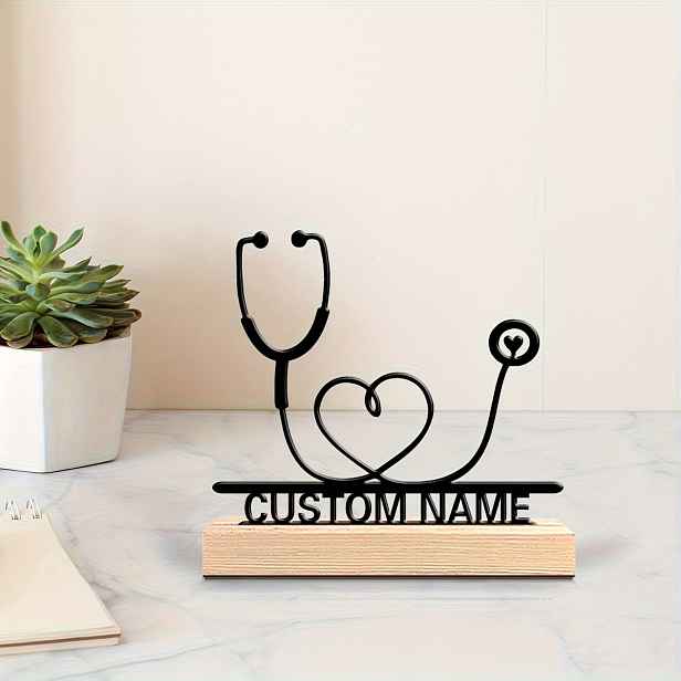 TEMU 1 Personalizovaný stetoskopový kovový obraz s dřevěnou podstavou - Vlastní jméno, srdcový design, černé EKG a silueta stetoskopu, ideální