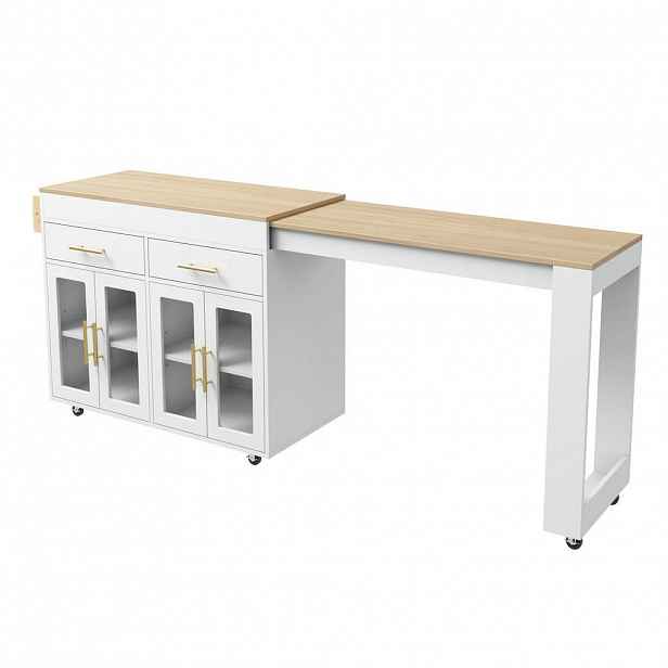 STILVORA KUCHYŇSKÝ OSTROV v bílé a přírodní barvě s kolečky a rozkládací deskou do jídelny, Š132,5–217/H50/V93 cm