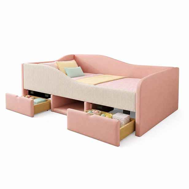 CHICFURN DĚTSKÁ POSTEL 90/190 cm v růžové a krémově bílé barvě se zásuvkami a sametem
