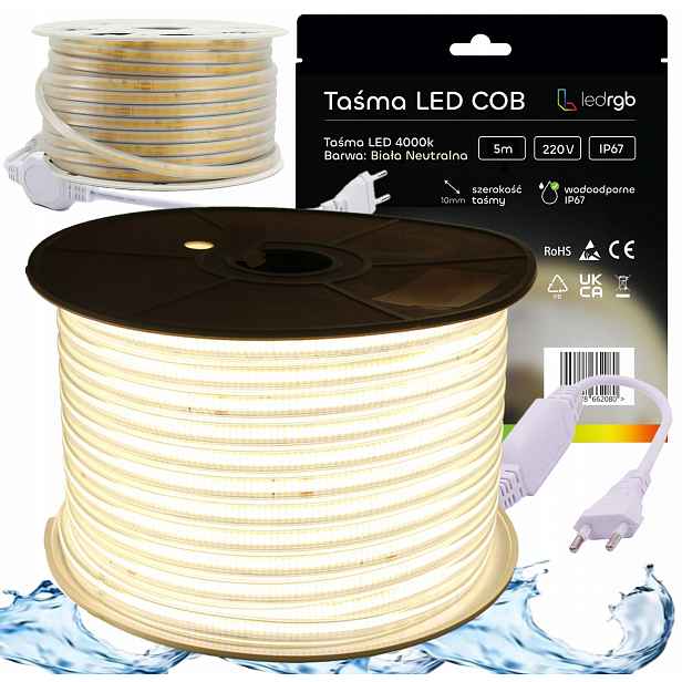 Set Led pásek Neon Cob 220V 230V 5m 4000K Bílý Neutrální Napájecí Zdroj IP670