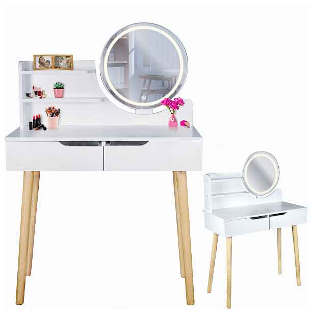 Toaletní Stolek na líčení Kosmetická bílá se zrcadlem Psací stůl do ložnice