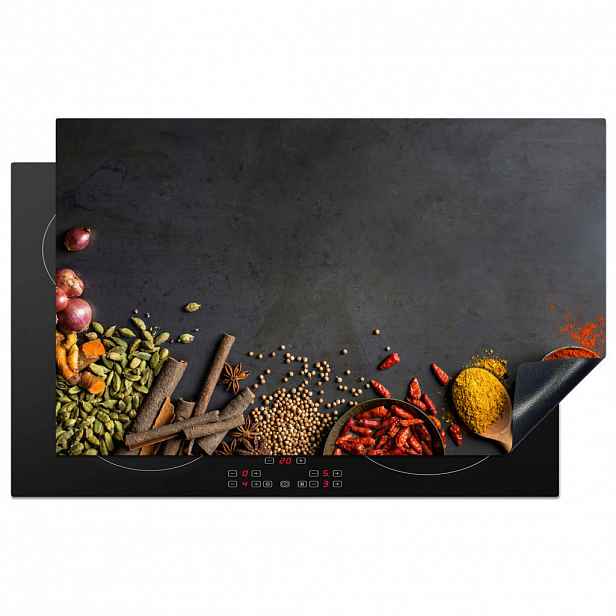 MuchoWow KRYT NA INDUKČNÍ DESKU Bylinky - Potraviny - Koření - Černá - Paprika - Skořice 85x52 cm