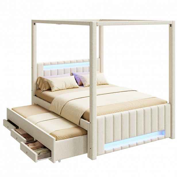 OKWISH POSTEL s nebesy 140/200 cm béžová z lnu a MDF s výsuvným lůžkem, LED a zásuvkami