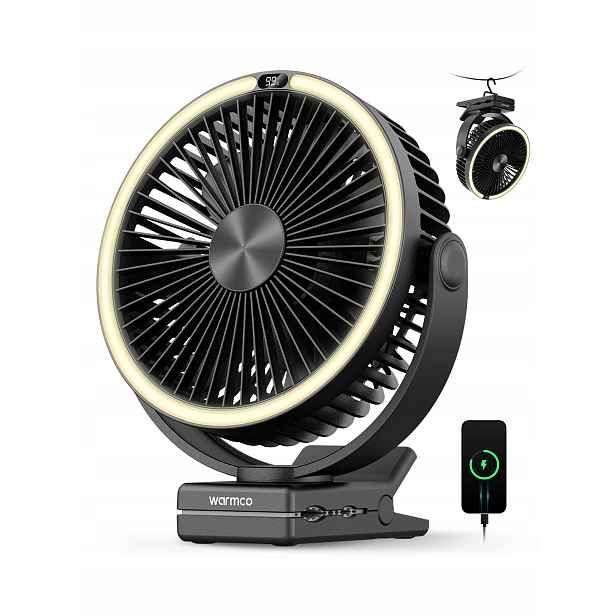 Kempingový ventilátor 15000mAh Warmco Stolní s klipem Usb s Led lampou