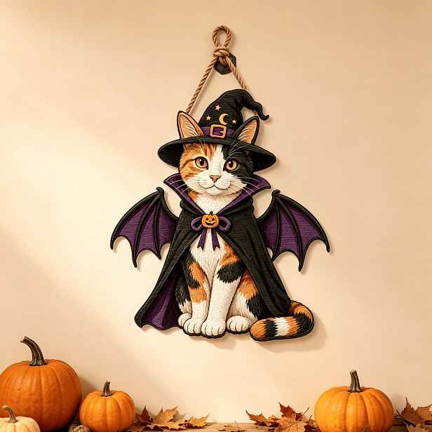 TEMU 2D plochá, 1ks dřevěná ozdoba dveří pro kočky se třemi uzly s netopýřími křídly pro Halloween/Vánoce/Den díkůvzdání, závěsná dekorace, cedulka s