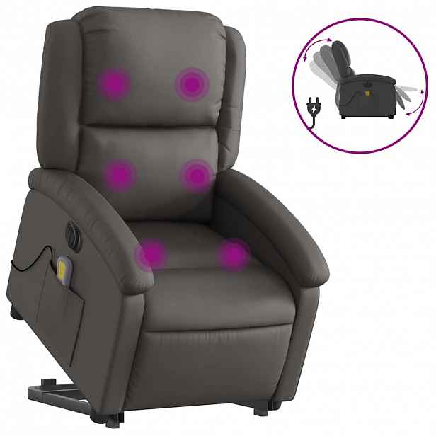 vidaXL Elektrické zvedací masážní polohovací křeslo šedé pravá kůže