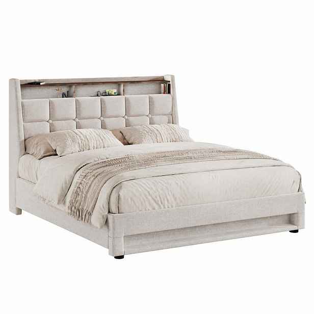 CHICFURN ČALOUNĚNÁ POSTEL 160/200 cm ve světle béžové barvě s LED osvětlením a USB