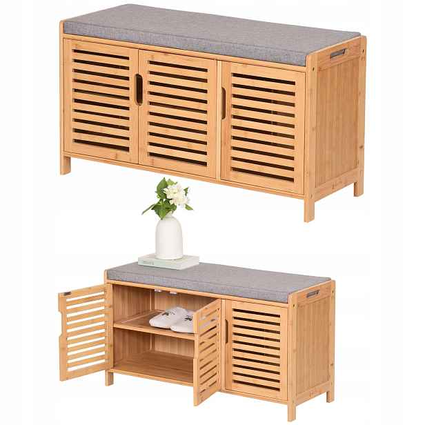 botník se sedákem Regál se 3 dveřmi 50x90x35 Stojan Bambus