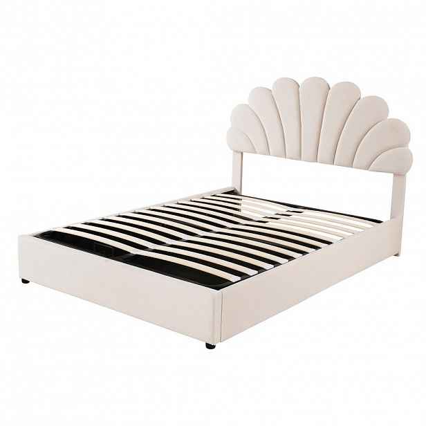CHICFURN ČALOUNĚNÁ POSTEL 140/200 cm v béžové barvě se sametovým čelem a úložným prostorem