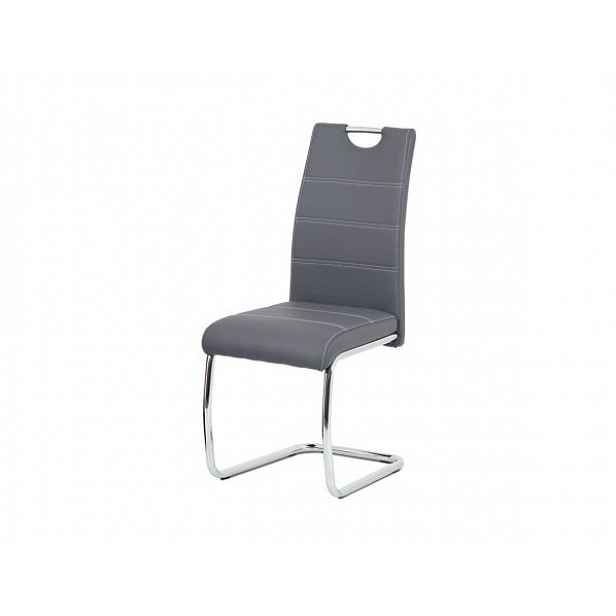 Jídelní židle, potah šedá ekokůže, bílé prošití, kovová pohupová podnož, chrom
