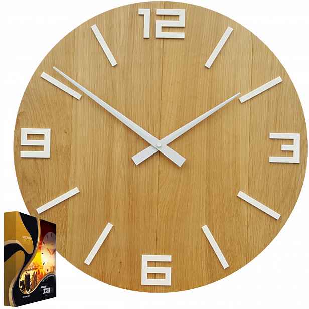 Akrylové nástěnné hodiny Dubové dřevěné Arabic Wood White 50 cm Kulatý