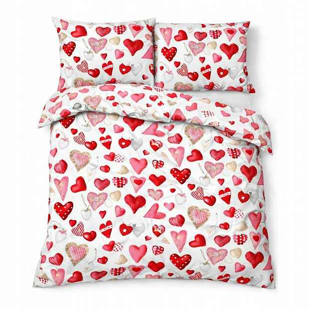Krepové povlečení 160x200 bílá červená valentýnská srdíčka na knoflíky